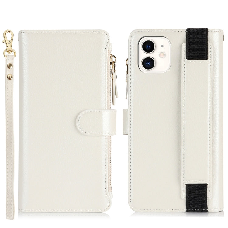 For iPhone 11 Wristband Holder Zipper Purse RFID Leather Phone Case(White) - iPhone 11 Cases by buy2fix | Online Shopping UK | buy2fix