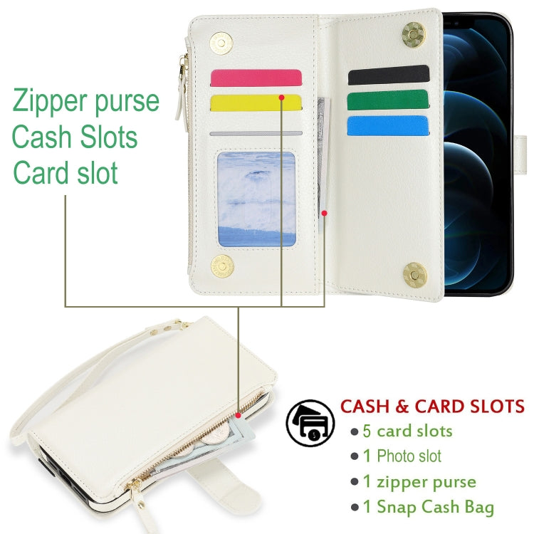 For iPhone 11 Wristband Holder Zipper Purse RFID Leather Phone Case(White) - iPhone 11 Cases by buy2fix | Online Shopping UK | buy2fix