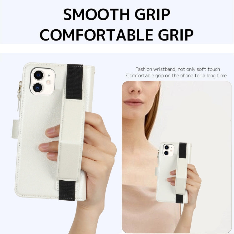 For iPhone 11 Wristband Holder Zipper Purse RFID Leather Phone Case(White) - iPhone 11 Cases by buy2fix | Online Shopping UK | buy2fix