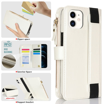 For iPhone 11 Wristband Holder Zipper Purse RFID Leather Phone Case(White) - iPhone 11 Cases by buy2fix | Online Shopping UK | buy2fix