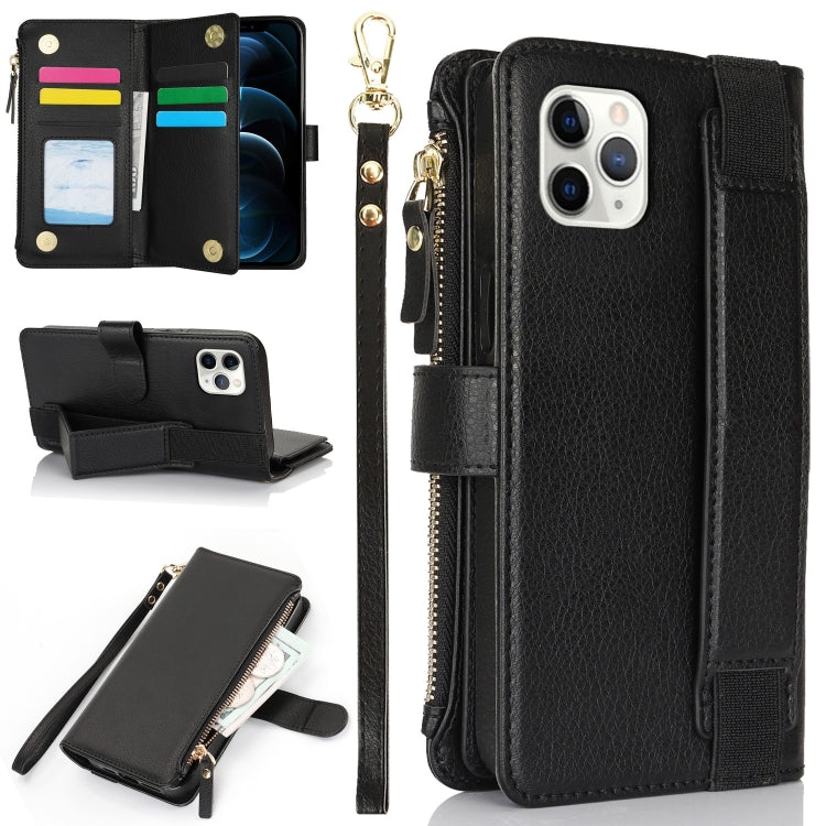 For iPhone 11 Pro Wristband Holder Zipper Purse RFID Leather Phone Case(Black) - iPhone 11 Pro Cases by buy2fix | Online Shopping UK | buy2fix