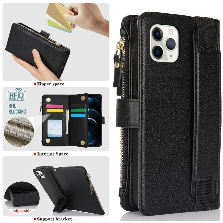 For iPhone 11 Pro Wristband Holder Zipper Purse RFID Leather Phone Case(Black) - iPhone 11 Pro Cases by buy2fix | Online Shopping UK | buy2fix