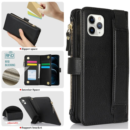 For iPhone 11 Pro Wristband Holder Zipper Purse RFID Leather Phone Case(Black) - iPhone 11 Pro Cases by buy2fix | Online Shopping UK | buy2fix