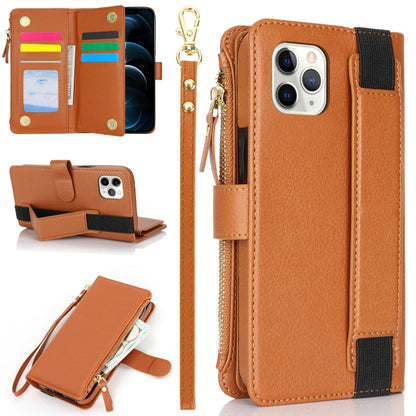 For iPhone 11 Pro Wristband Holder Zipper Purse RFID Leather Phone Case(Brown) - iPhone 11 Pro Cases by buy2fix | Online Shopping UK | buy2fix