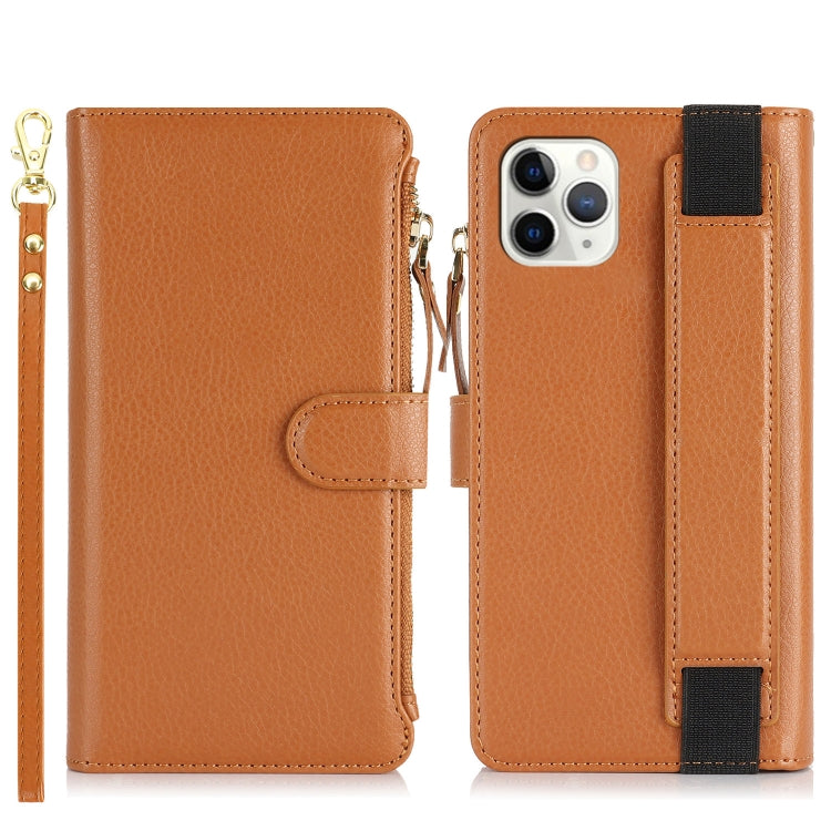 For iPhone 11 Pro Wristband Holder Zipper Purse RFID Leather Phone Case(Brown) - iPhone 11 Pro Cases by buy2fix | Online Shopping UK | buy2fix