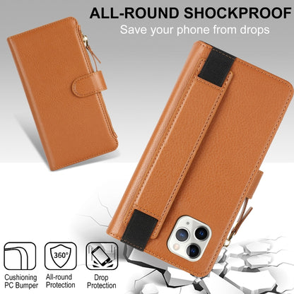 For iPhone 11 Pro Wristband Holder Zipper Purse RFID Leather Phone Case(Brown) - iPhone 11 Pro Cases by buy2fix | Online Shopping UK | buy2fix
