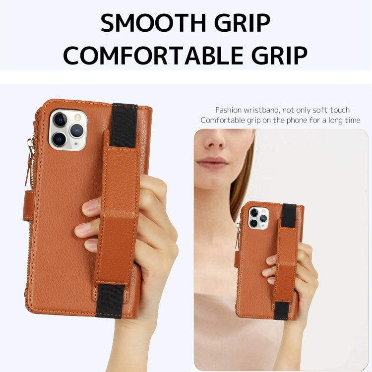 For iPhone 11 Pro Wristband Holder Zipper Purse RFID Leather Phone Case(Brown) - iPhone 11 Pro Cases by buy2fix | Online Shopping UK | buy2fix