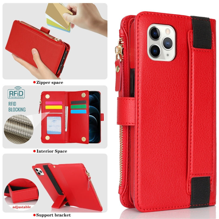 For iPhone 11 Pro Wristband Holder Zipper Purse RFID Leather Phone Case(Red) - iPhone 11 Pro Cases by buy2fix | Online Shopping UK | buy2fix