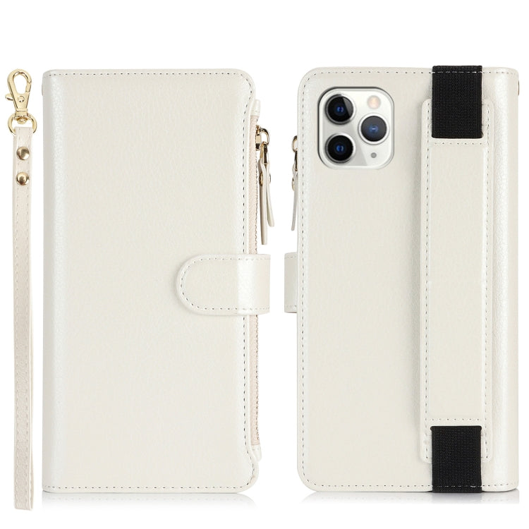 For iPhone 11 Pro Wristband Holder Zipper Purse RFID Leather Phone Case(White) - iPhone 11 Pro Cases by buy2fix | Online Shopping UK | buy2fix