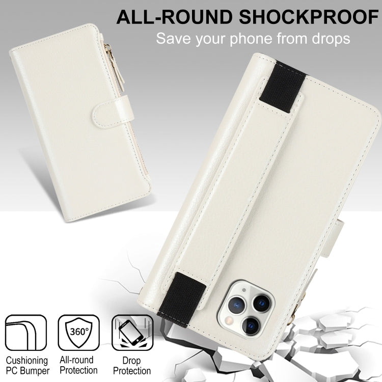 For iPhone 11 Pro Wristband Holder Zipper Purse RFID Leather Phone Case(White) - iPhone 11 Pro Cases by buy2fix | Online Shopping UK | buy2fix