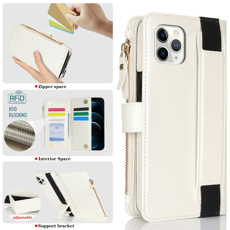 For iPhone 11 Pro Wristband Holder Zipper Purse RFID Leather Phone Case(White) - iPhone 11 Pro Cases by buy2fix | Online Shopping UK | buy2fix