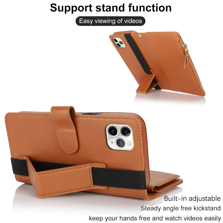 For iPhone 11 Pro Max Wristband Holder Zipper Purse RFID Leather Phone Case(Brown) - iPhone 11 Pro Max Cases by buy2fix | Online Shopping UK | buy2fix