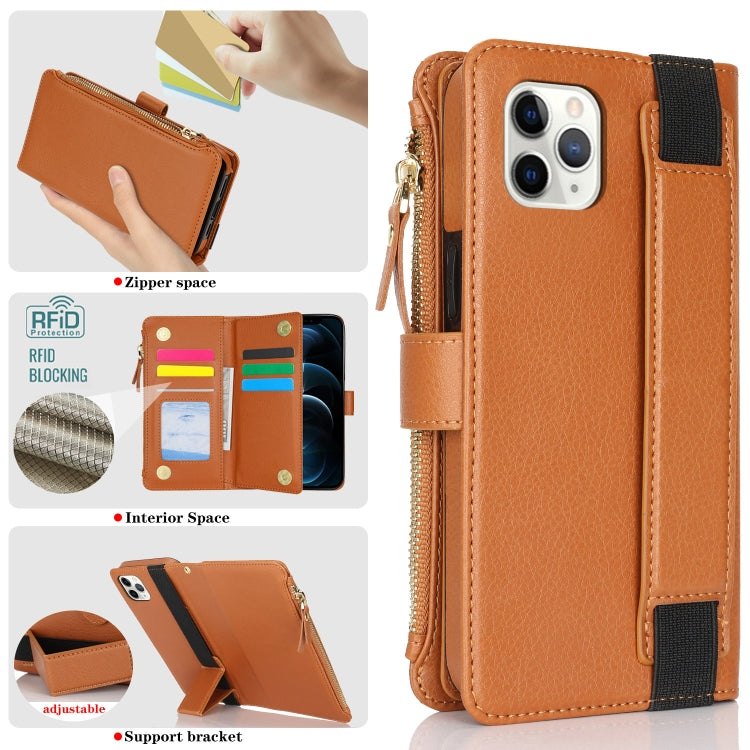 For iPhone 11 Pro Max Wristband Holder Zipper Purse RFID Leather Phone Case(Brown) - iPhone 11 Pro Max Cases by buy2fix | Online Shopping UK | buy2fix