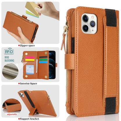 For iPhone 11 Pro Max Wristband Holder Zipper Purse RFID Leather Phone Case(Brown) - iPhone 11 Pro Max Cases by buy2fix | Online Shopping UK | buy2fix
