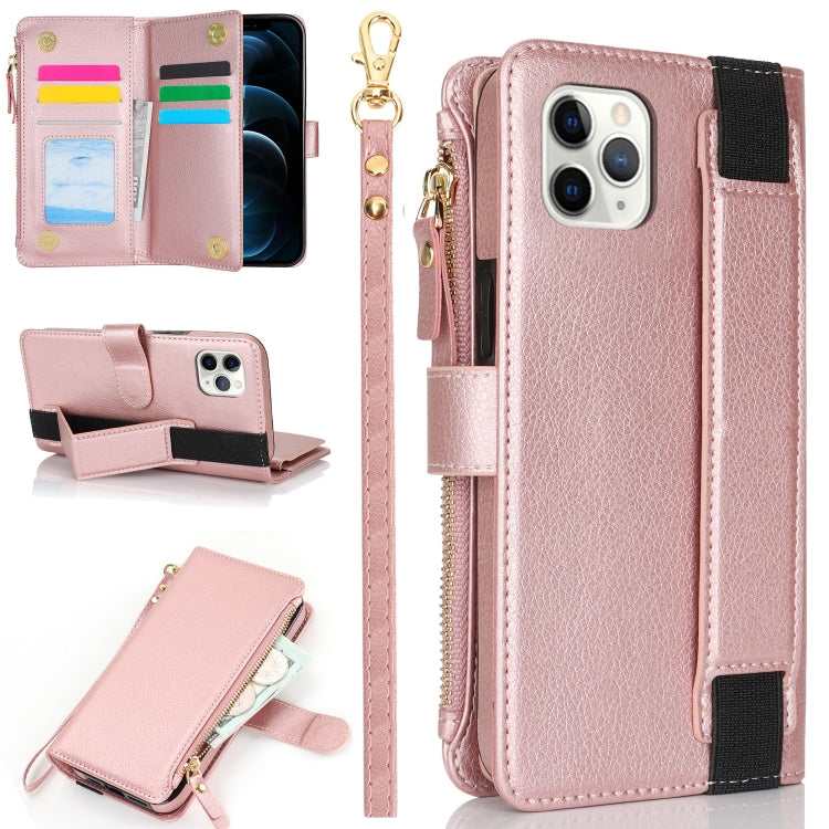 For iPhone 11 Pro Max Wristband Holder Zipper Purse RFID Leather Phone Case(Rose Gold) - iPhone 11 Pro Max Cases by buy2fix | Online Shopping UK | buy2fix