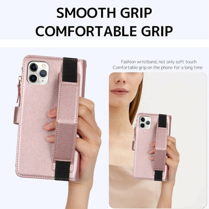 For iPhone 11 Pro Max Wristband Holder Zipper Purse RFID Leather Phone Case(Rose Gold) - iPhone 11 Pro Max Cases by buy2fix | Online Shopping UK | buy2fix