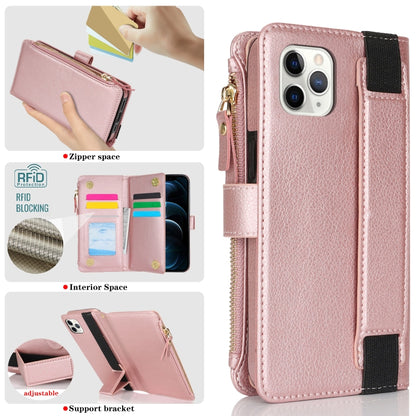 For iPhone 11 Pro Max Wristband Holder Zipper Purse RFID Leather Phone Case(Rose Gold) - iPhone 11 Pro Max Cases by buy2fix | Online Shopping UK | buy2fix