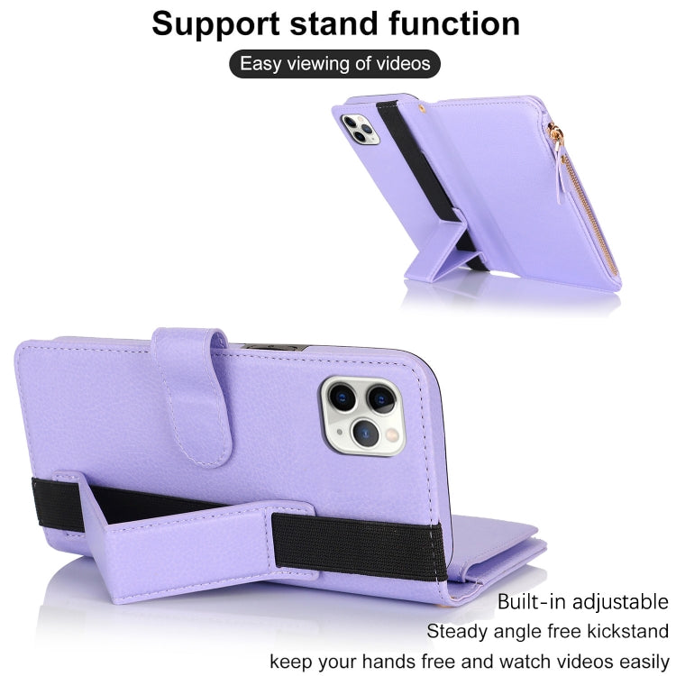For iPhone 11 Pro Max Wristband Holder Zipper Purse RFID Leather Phone Case(Purple) - iPhone 11 Pro Max Cases by buy2fix | Online Shopping UK | buy2fix