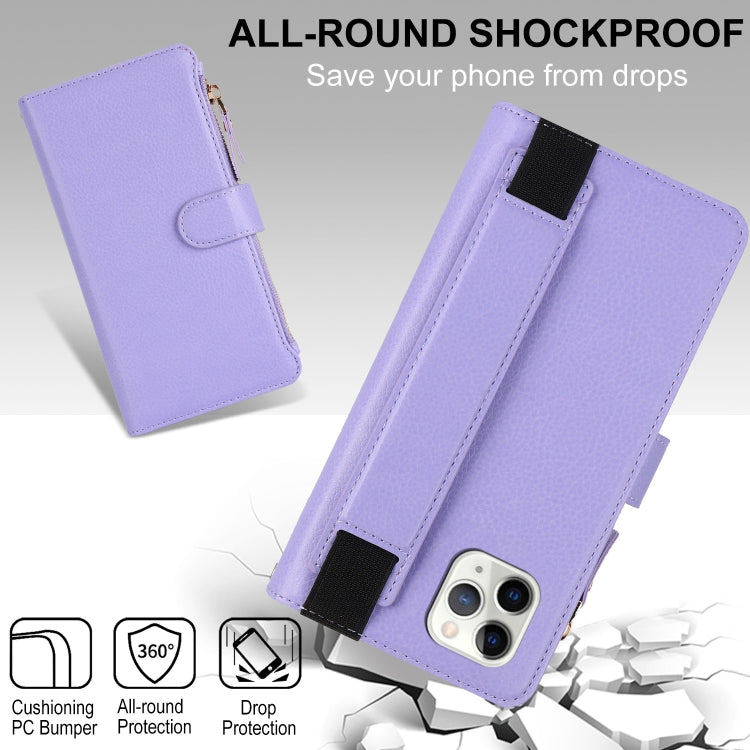 For iPhone 11 Pro Max Wristband Holder Zipper Purse RFID Leather Phone Case(Purple) - iPhone 11 Pro Max Cases by buy2fix | Online Shopping UK | buy2fix