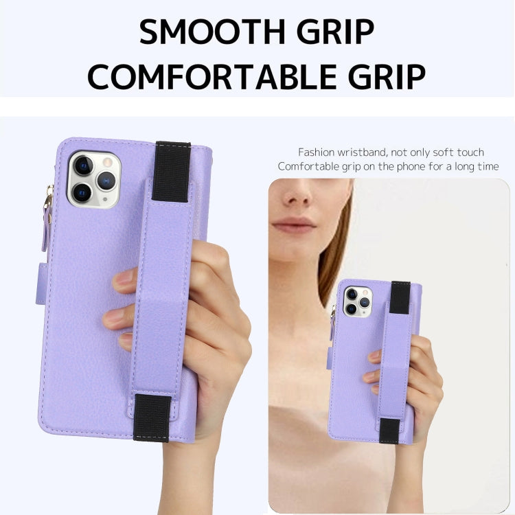 For iPhone 11 Pro Max Wristband Holder Zipper Purse RFID Leather Phone Case(Purple) - iPhone 11 Pro Max Cases by buy2fix | Online Shopping UK | buy2fix
