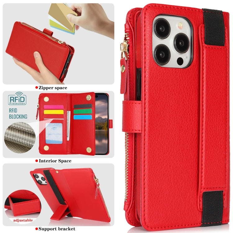For iPhone 12 / 12 Pro Wristband Holder Zipper Purse RFID Leather Phone Case(Red) - iPhone 12 / 12 Pro Cases by buy2fix | Online Shopping UK | buy2fix