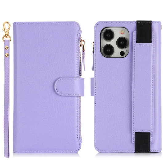 For iPhone 12 / 12 Pro Wristband Holder Zipper Purse RFID Leather Phone Case(Purple) - iPhone 12 / 12 Pro Cases by buy2fix | Online Shopping UK | buy2fix