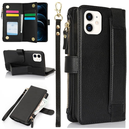 For iPhone 12 mini Wristband Holder Zipper Purse RFID Leather Phone Case(Black) - iPhone 12 mini Cases by buy2fix | Online Shopping UK | buy2fix