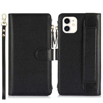 For iPhone 12 mini Wristband Holder Zipper Purse RFID Leather Phone Case(Black) - iPhone 12 mini Cases by buy2fix | Online Shopping UK | buy2fix