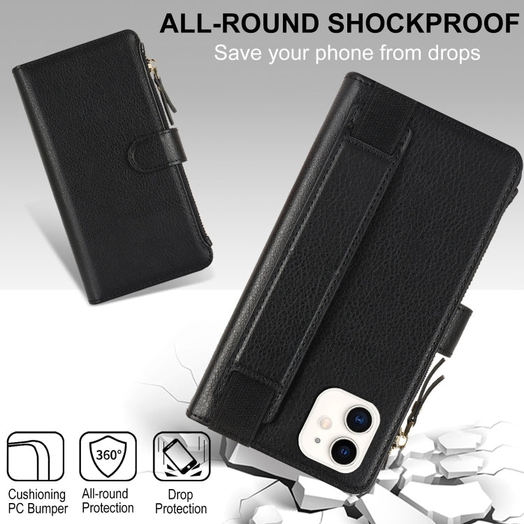 For iPhone 12 mini Wristband Holder Zipper Purse RFID Leather Phone Case(Black) - iPhone 12 mini Cases by buy2fix | Online Shopping UK | buy2fix