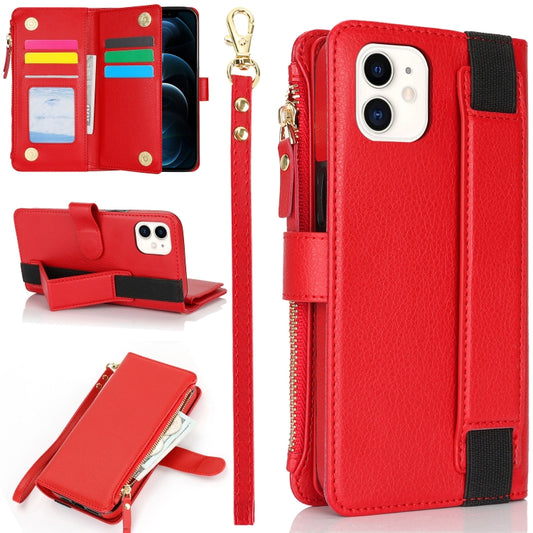 For iPhone 12 mini Wristband Holder Zipper Purse RFID Leather Phone Case(Red) - iPhone 12 mini Cases by buy2fix | Online Shopping UK | buy2fix
