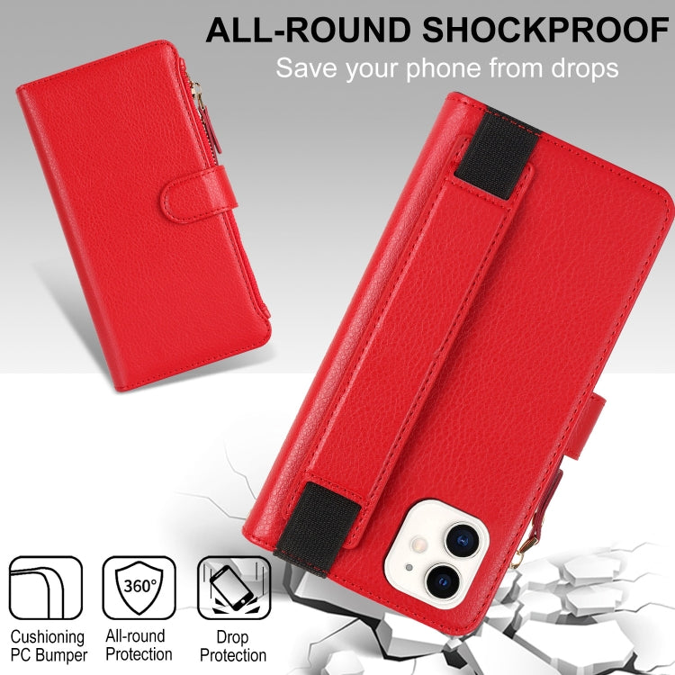 For iPhone 12 mini Wristband Holder Zipper Purse RFID Leather Phone Case(Red) - iPhone 12 mini Cases by buy2fix | Online Shopping UK | buy2fix