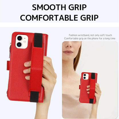 For iPhone 12 mini Wristband Holder Zipper Purse RFID Leather Phone Case(Red) - iPhone 12 mini Cases by buy2fix | Online Shopping UK | buy2fix