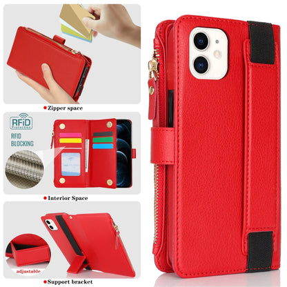 For iPhone 12 mini Wristband Holder Zipper Purse RFID Leather Phone Case(Red) - iPhone 12 mini Cases by buy2fix | Online Shopping UK | buy2fix