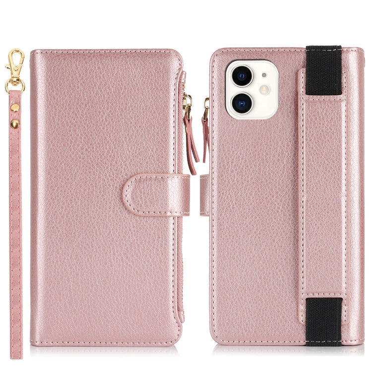 For iPhone 12 mini Wristband Holder Zipper Purse RFID Leather Phone Case(Rose Gold) - iPhone 12 mini Cases by buy2fix | Online Shopping UK | buy2fix