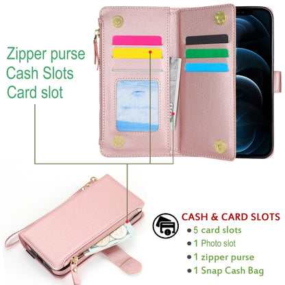 For iPhone 12 mini Wristband Holder Zipper Purse RFID Leather Phone Case(Rose Gold) - iPhone 12 mini Cases by buy2fix | Online Shopping UK | buy2fix
