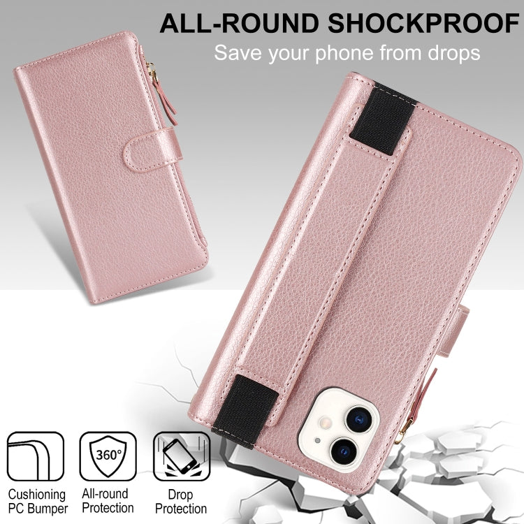 For iPhone 12 mini Wristband Holder Zipper Purse RFID Leather Phone Case(Rose Gold) - iPhone 12 mini Cases by buy2fix | Online Shopping UK | buy2fix