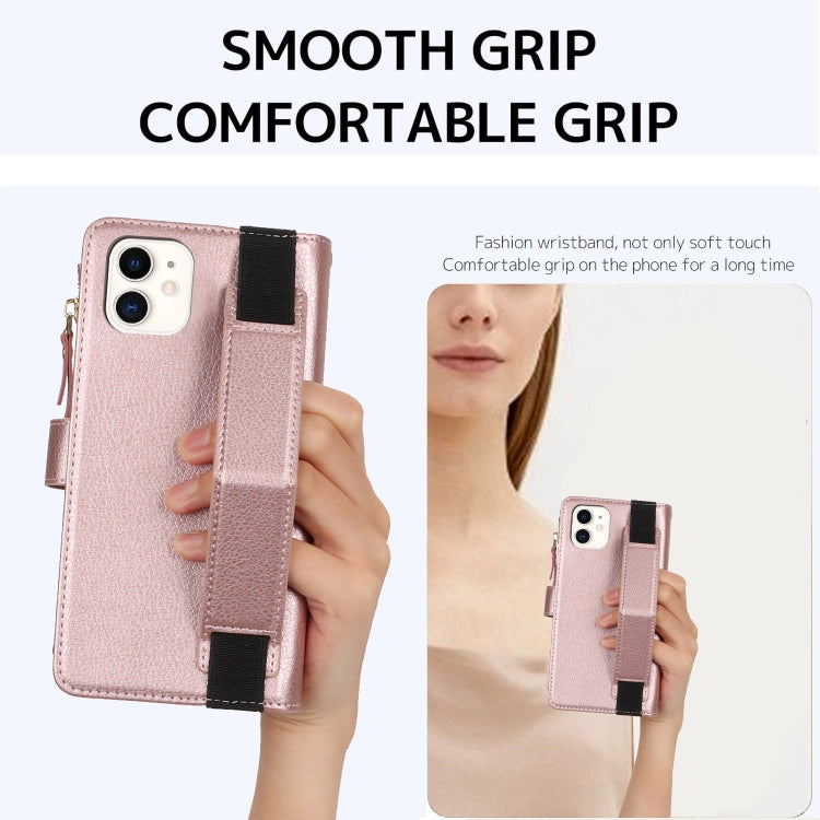 For iPhone 12 mini Wristband Holder Zipper Purse RFID Leather Phone Case(Rose Gold) - iPhone 12 mini Cases by buy2fix | Online Shopping UK | buy2fix