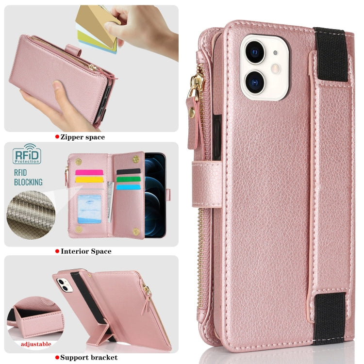 For iPhone 12 mini Wristband Holder Zipper Purse RFID Leather Phone Case(Rose Gold) - iPhone 12 mini Cases by buy2fix | Online Shopping UK | buy2fix
