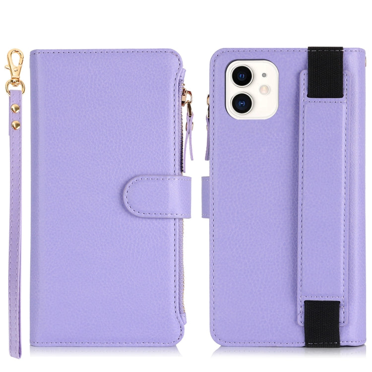 For iPhone 12 mini Wristband Holder Zipper Purse RFID Leather Phone Case(Purple) - iPhone 12 mini Cases by buy2fix | Online Shopping UK | buy2fix