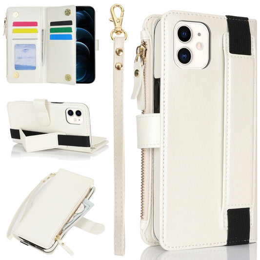 For iPhone 12 mini Wristband Holder Zipper Purse RFID Leather Phone Case(White) - iPhone 12 mini Cases by buy2fix | Online Shopping UK | buy2fix