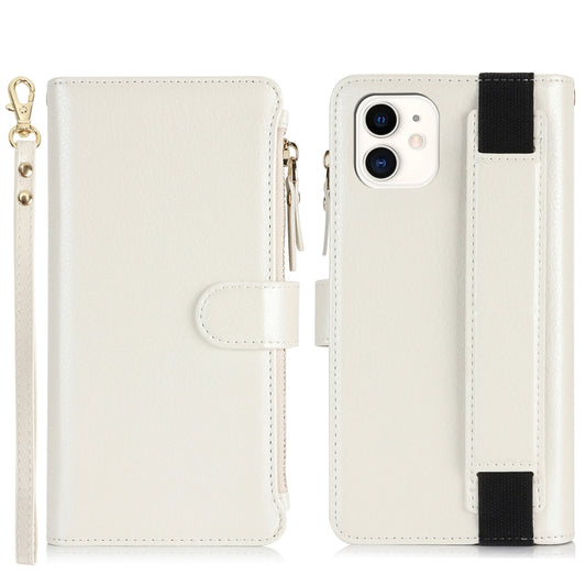 For iPhone 12 mini Wristband Holder Zipper Purse RFID Leather Phone Case(White) - iPhone 12 mini Cases by buy2fix | Online Shopping UK | buy2fix