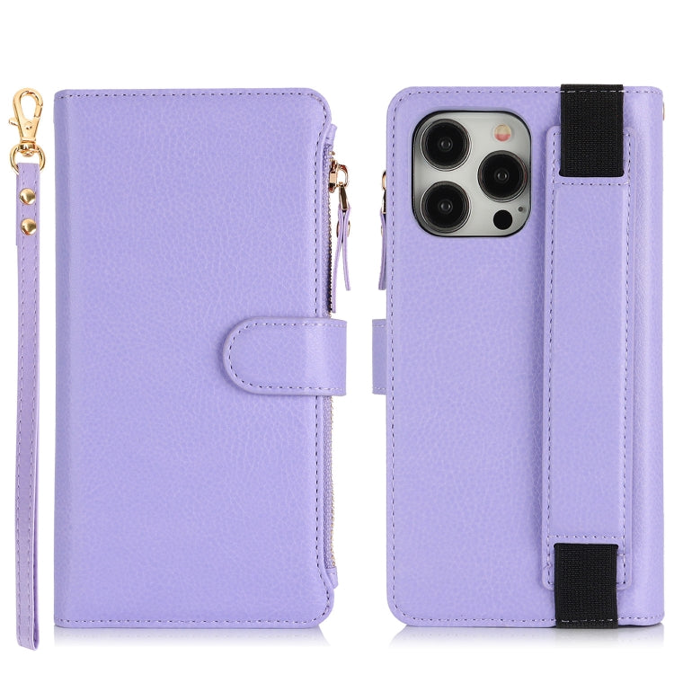 For iPhone 12 Pro Max Wristband Holder Zipper Purse RFID Leather Phone Case(Purple) - iPhone 12 Pro Max Cases by buy2fix | Online Shopping UK | buy2fix