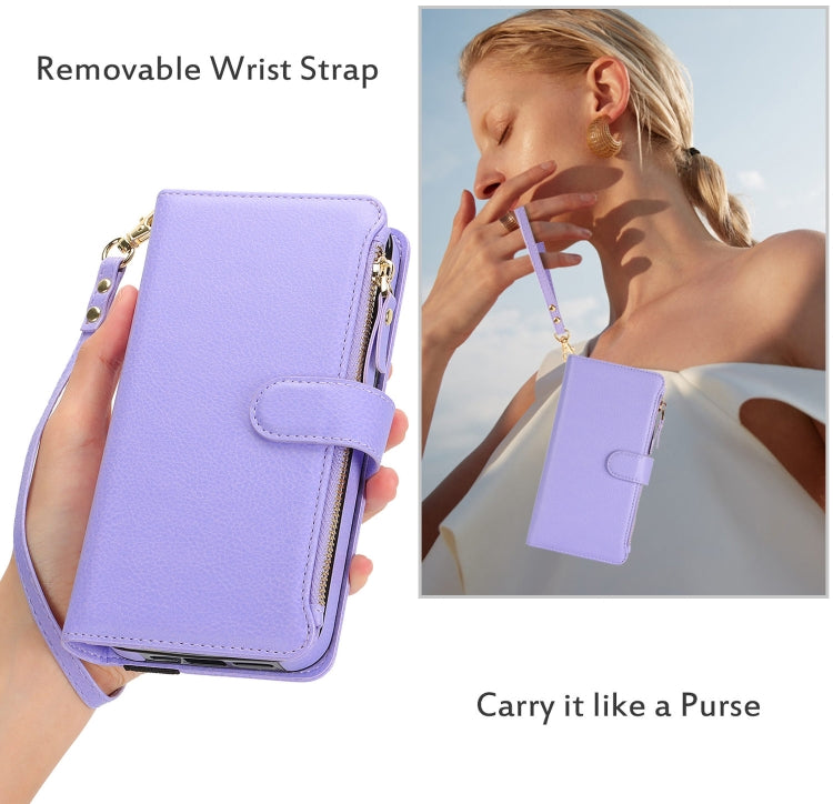 For iPhone 12 Pro Max Wristband Holder Zipper Purse RFID Leather Phone Case(Purple) - iPhone 12 Pro Max Cases by buy2fix | Online Shopping UK | buy2fix