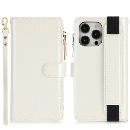 For iPhone 12 Pro Max Wristband Holder Zipper Purse RFID Leather Phone Case(White) - iPhone 12 Pro Max Cases by buy2fix | Online Shopping UK | buy2fix