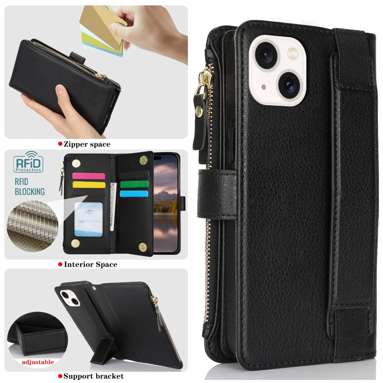 For iPhone 13 mini Wristband Holder Zipper Purse RFID Leather Phone Case(Black) - iPhone 13 mini Cases by buy2fix | Online Shopping UK | buy2fix