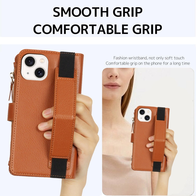 For iPhone 13 mini Wristband Holder Zipper Purse RFID Leather Phone Case(Brown) - iPhone 13 mini Cases by buy2fix | Online Shopping UK | buy2fix