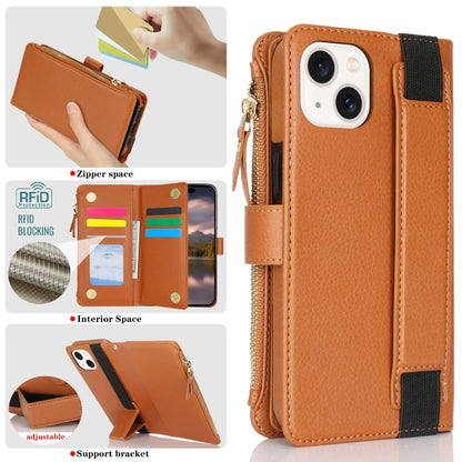 For iPhone 13 mini Wristband Holder Zipper Purse RFID Leather Phone Case(Brown) - iPhone 13 mini Cases by buy2fix | Online Shopping UK | buy2fix