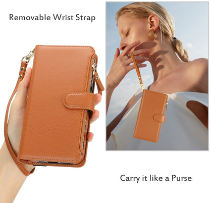 For iPhone 13 mini Wristband Holder Zipper Purse RFID Leather Phone Case(Brown) - iPhone 13 mini Cases by buy2fix | Online Shopping UK | buy2fix