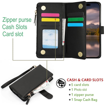For iPhone 14 / 13 Wristband Holder Zipper Purse RFID Leather Phone Case(Black) - iPhone 14 Cases by buy2fix | Online Shopping UK | buy2fix