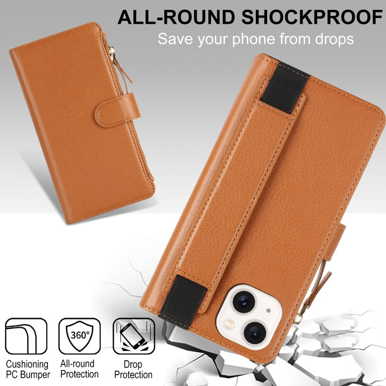 For iPhone 14 / 13 Wristband Holder Zipper Purse RFID Leather Phone Case(Brown) - iPhone 14 Cases by buy2fix | Online Shopping UK | buy2fix